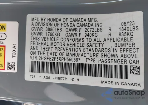 2023 Honda Civic Sport z USA, uszkodzony, nr VIN 2HGFE2F5XPH559587